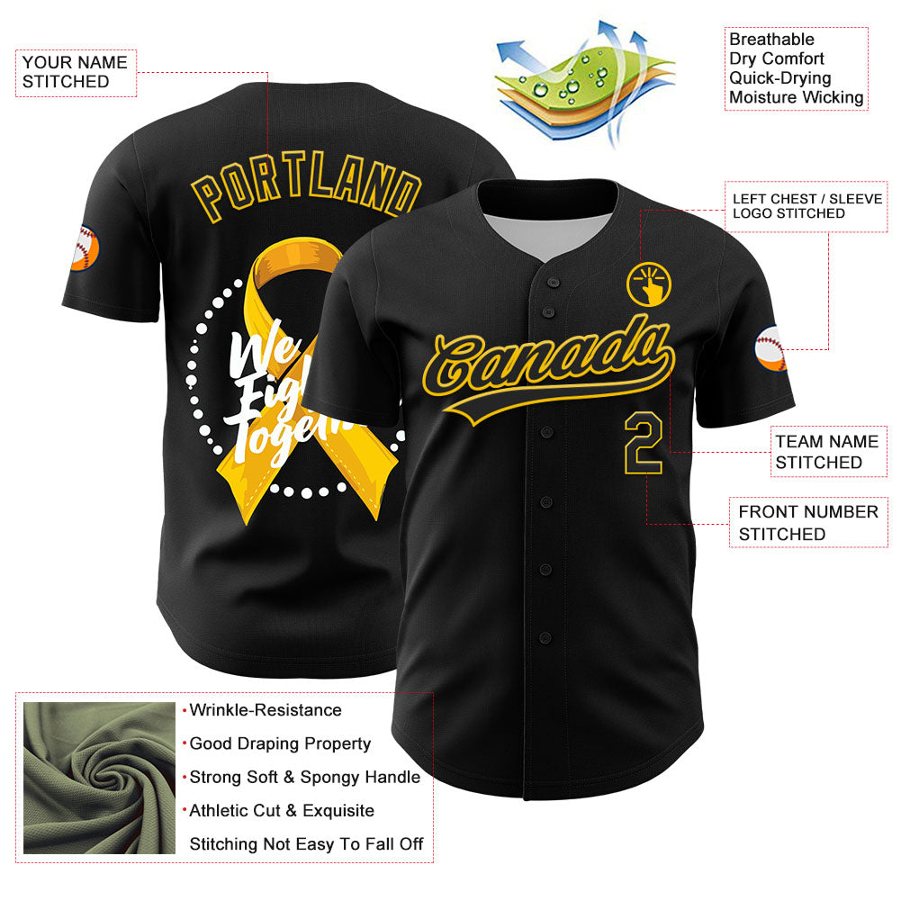 Custom Black Yellow-White 3D Bone Cancer Ribbon Authentic Baseball Jersey view 3