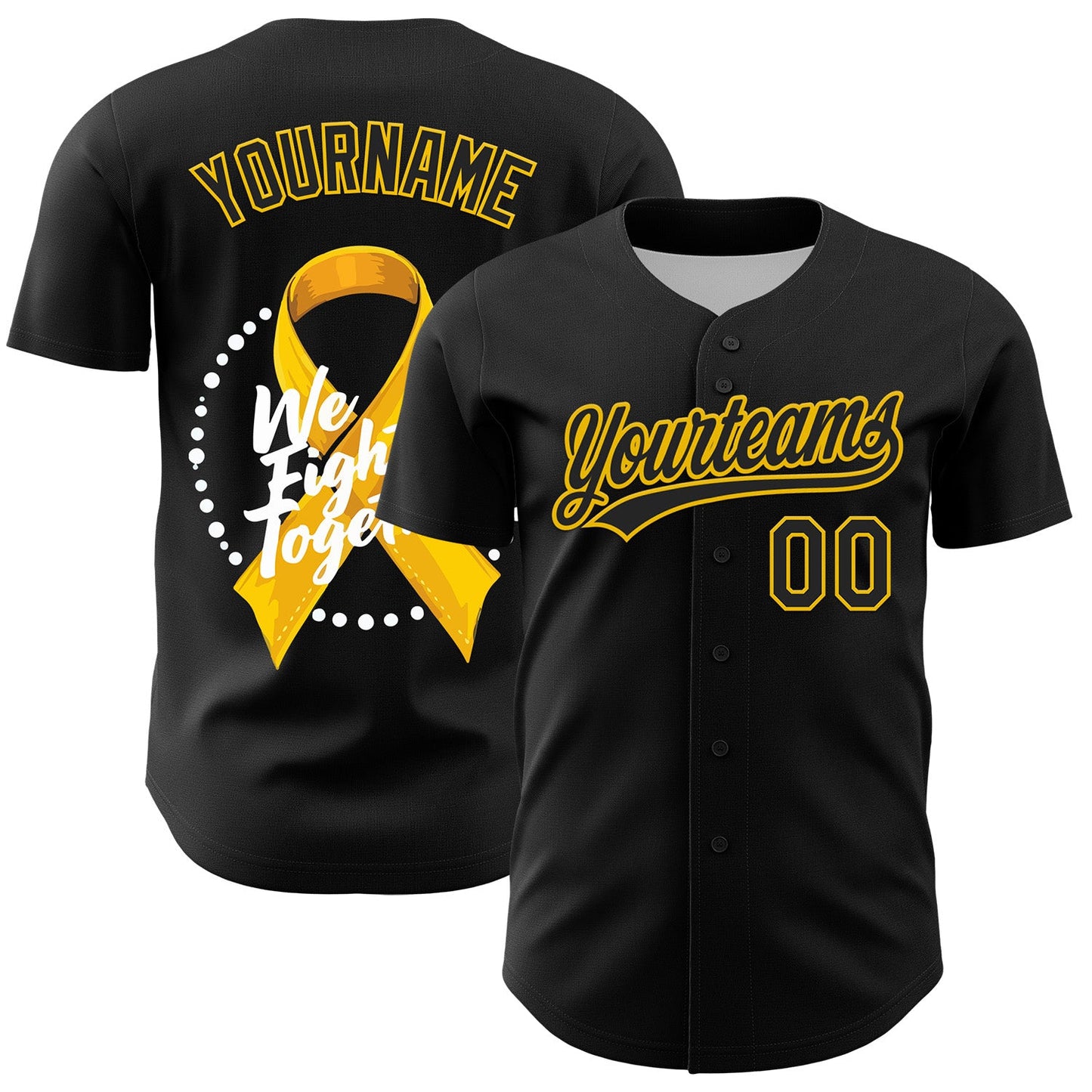 Custom Black Yellow-White 3D Bone Cancer Ribbon Authentic Baseball Jersey - Main View