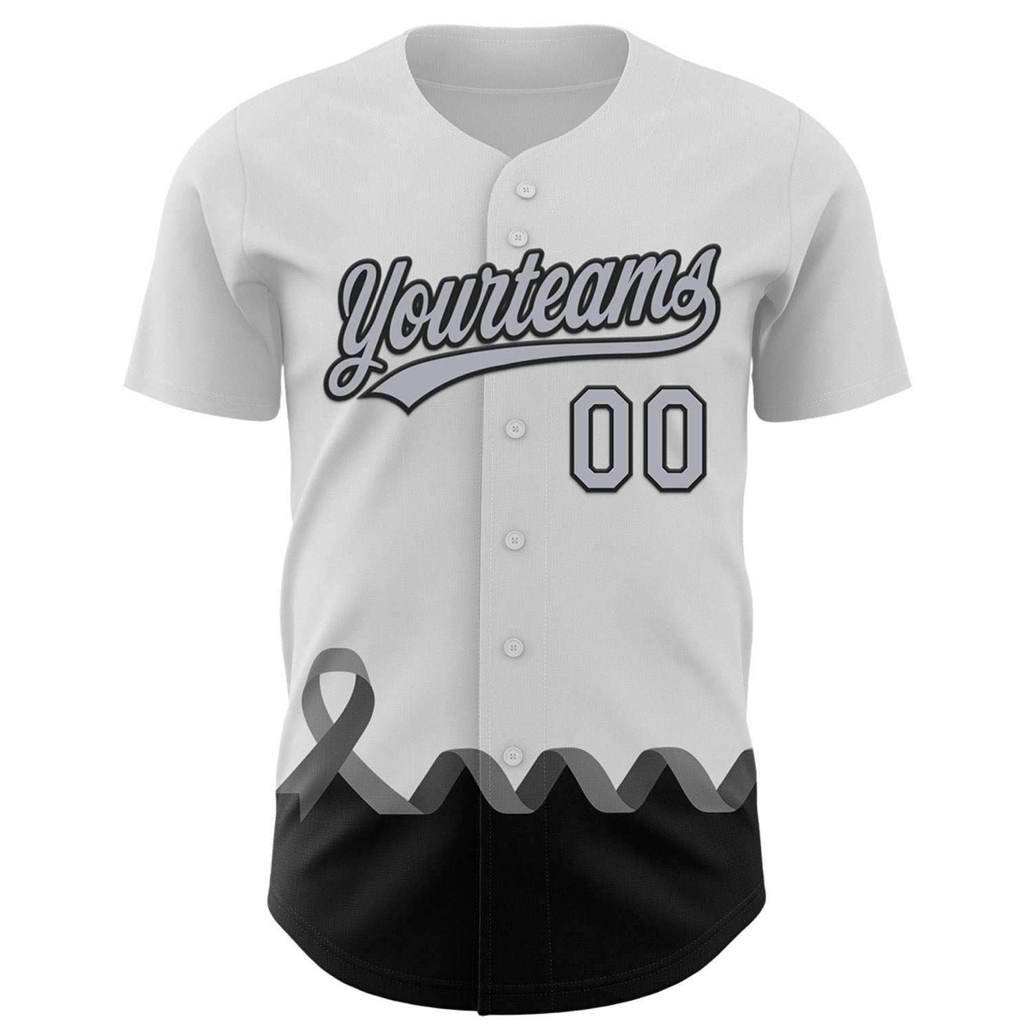 Custom White Gray-Black 3D Brain Cancer Ribbon Authentic Baseball Jersey view 2