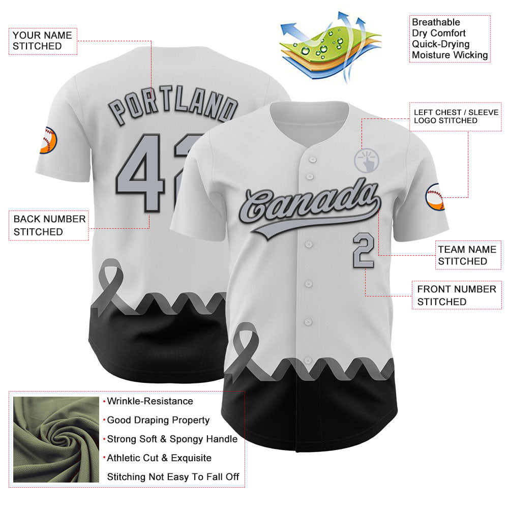 Custom White Gray-Black 3D Brain Cancer Ribbon Authentic Baseball Jersey view 3