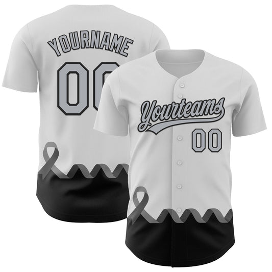 Custom White Gray-Black 3D Brain Cancer Ribbon Authentic Baseball Jersey - Main View