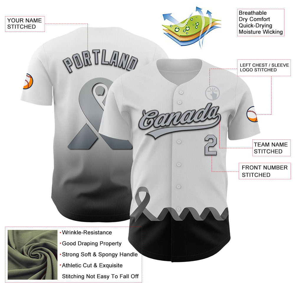 Custom White Gray-Black 3D Brain Cancer Ribbon Authentic Baseball Jersey view 3
