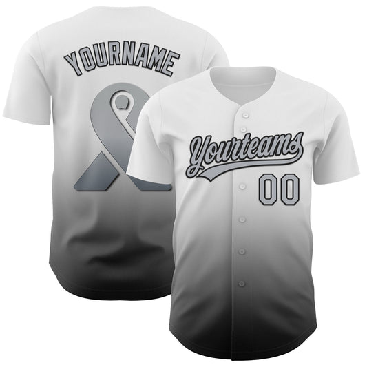Custom White Gray-Black 3D Brain Cancer Ribbon Authentic Baseball Jersey - Main View