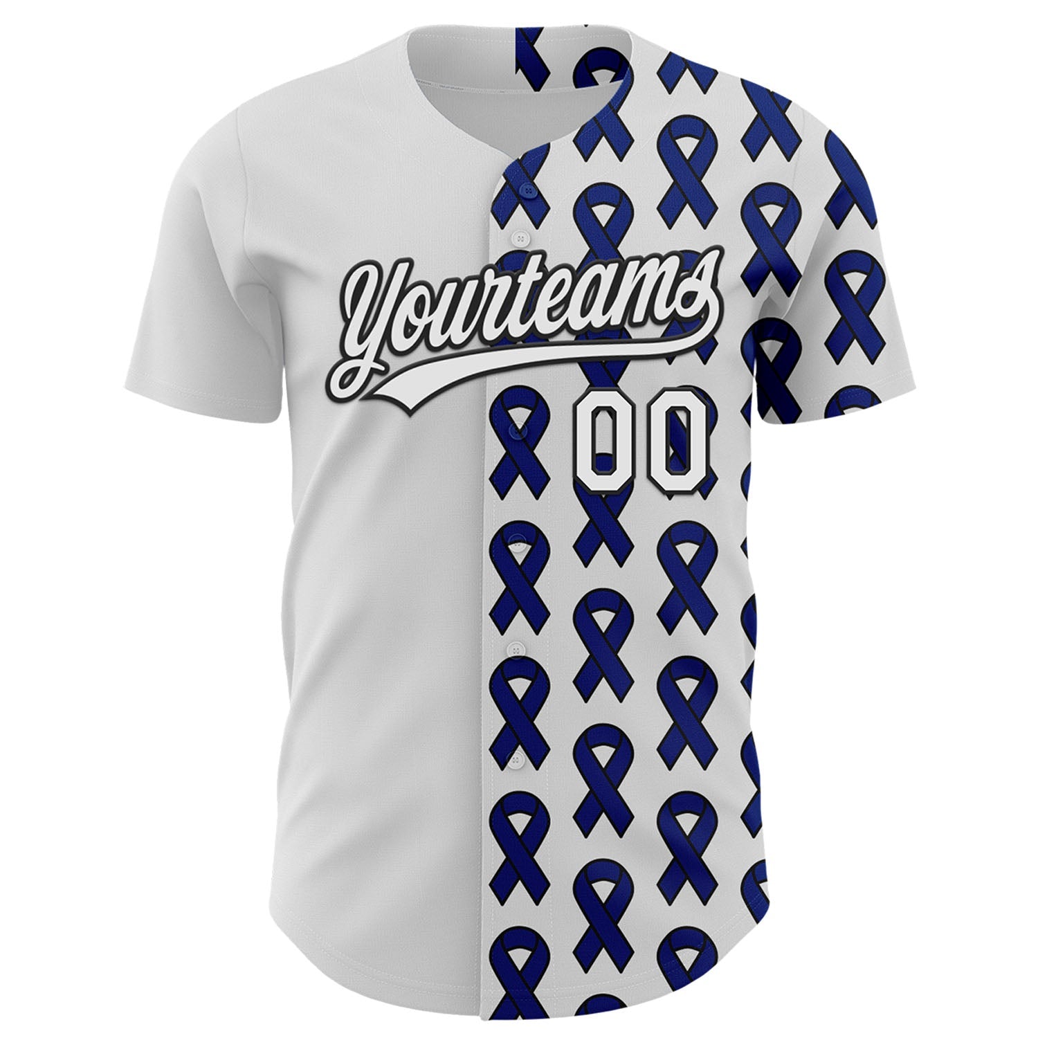 Custom White Black-Navy 3D Colorectal Cancer Ribbon Authentic Baseball Jersey view 2