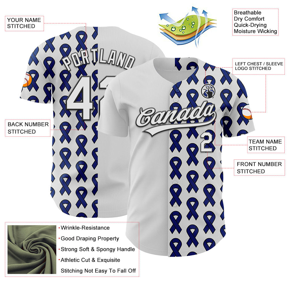 Custom White Black-Navy 3D Colorectal Cancer Ribbon Authentic Baseball Jersey view 3