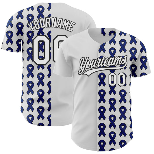 Custom White Black-Navy 3D Colorectal Cancer Ribbon Authentic Baseball Jersey - Main View
