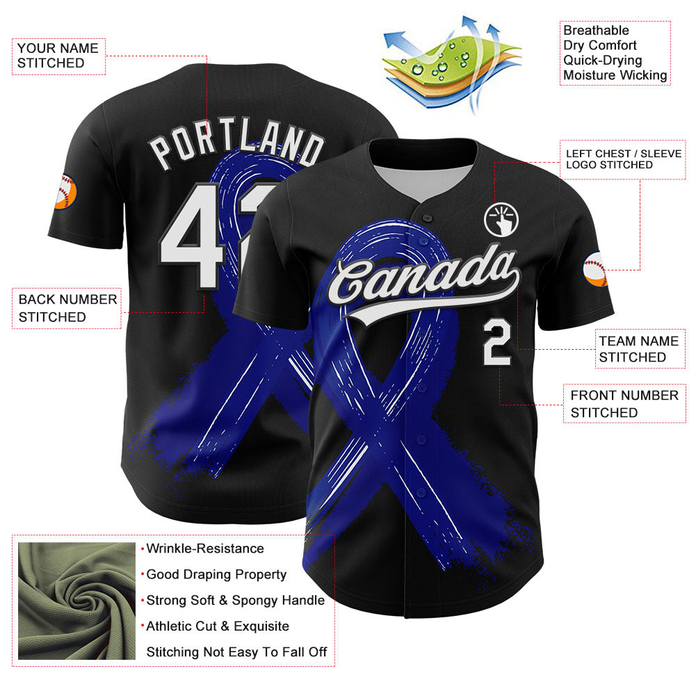 Custom Black White-Royal 3D Colorectal Cancer Ribbon Authentic Baseball Jersey view 3