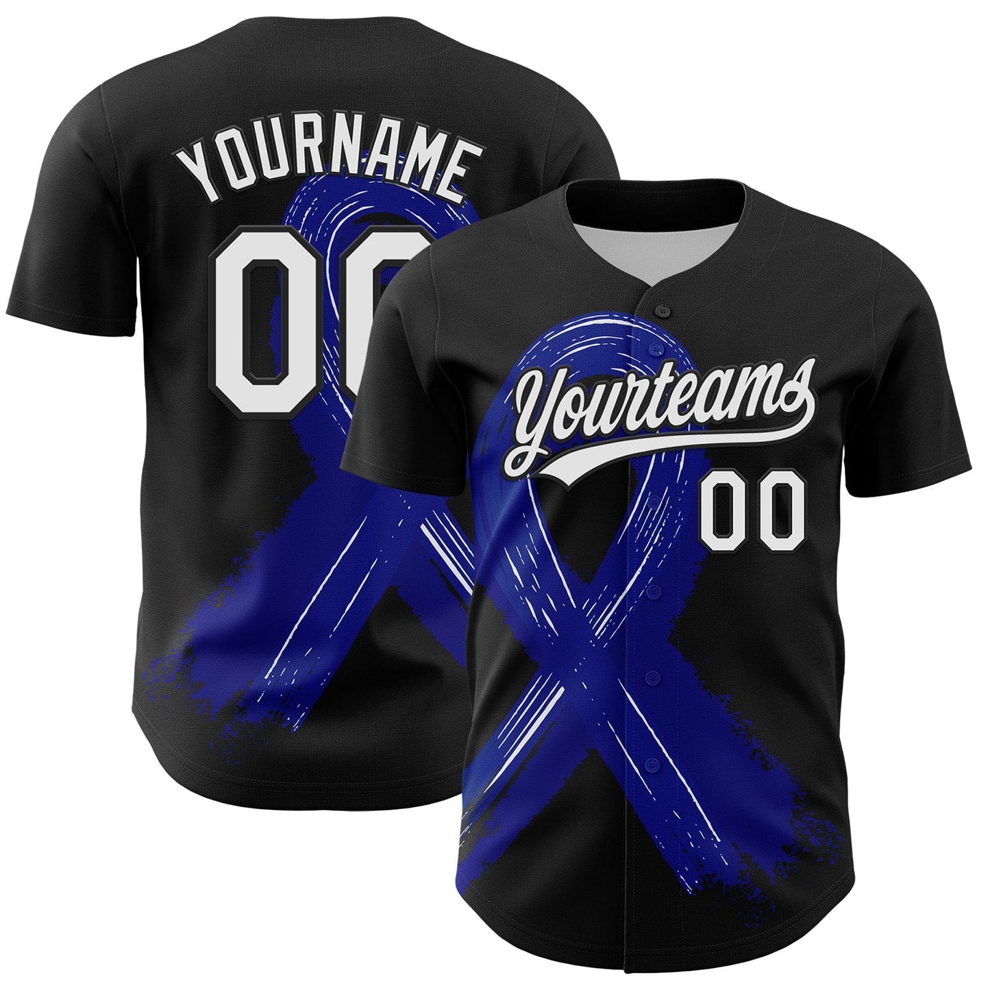 Custom Black White-Royal 3D Colorectal Cancer Ribbon Authentic Baseball Jersey - Main View