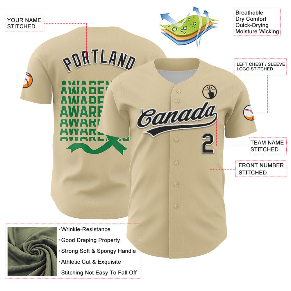 Custom Cream Black-Kelly Green 3D Gallbladder And Bile Duct Cancer Ribbon Authentic Baseball Jersey view 3