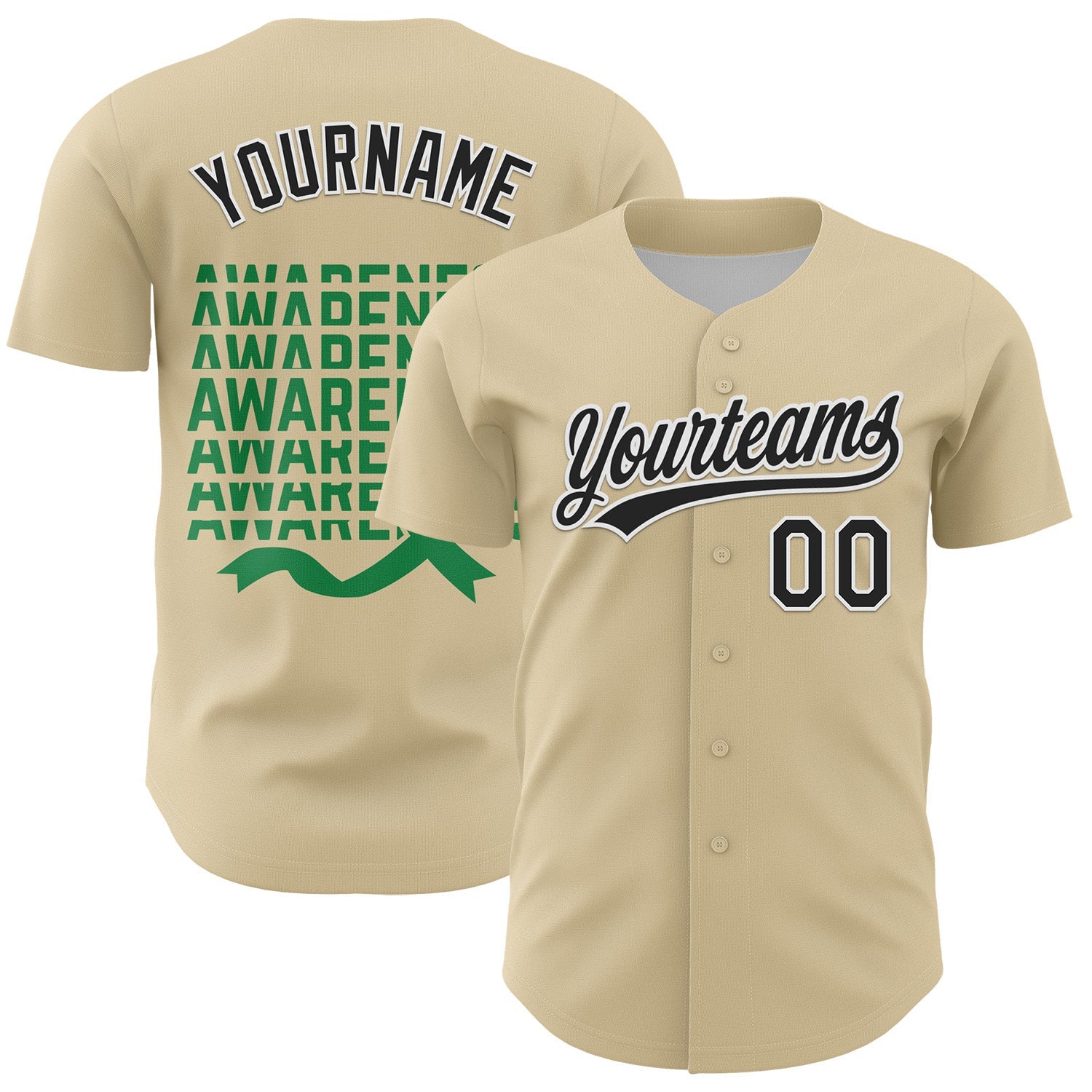 Custom Cream Black-Kelly Green 3D Gallbladder And Bile Duct Cancer Ribbon Authentic Baseball Jersey - Main View