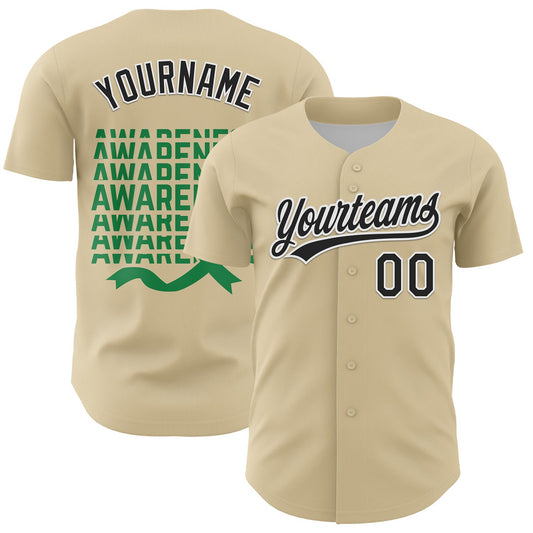 Custom Cream Black-Kelly Green 3D Gallbladder And Bile Duct Cancer Ribbon Authentic Baseball Jersey - Main View