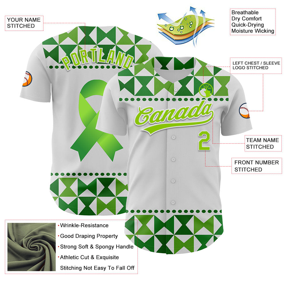 Custom White Neon Green 3D Gallbladder And Bile Duct Cancer Ribbon Authentic Baseball Jersey view 3