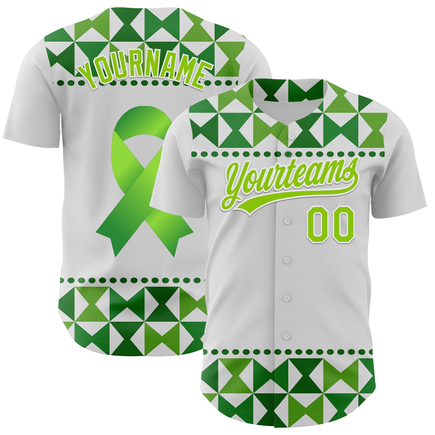 Custom White Neon Green 3D Gallbladder And Bile Duct Cancer Ribbon Authentic Baseball Jersey - Main View