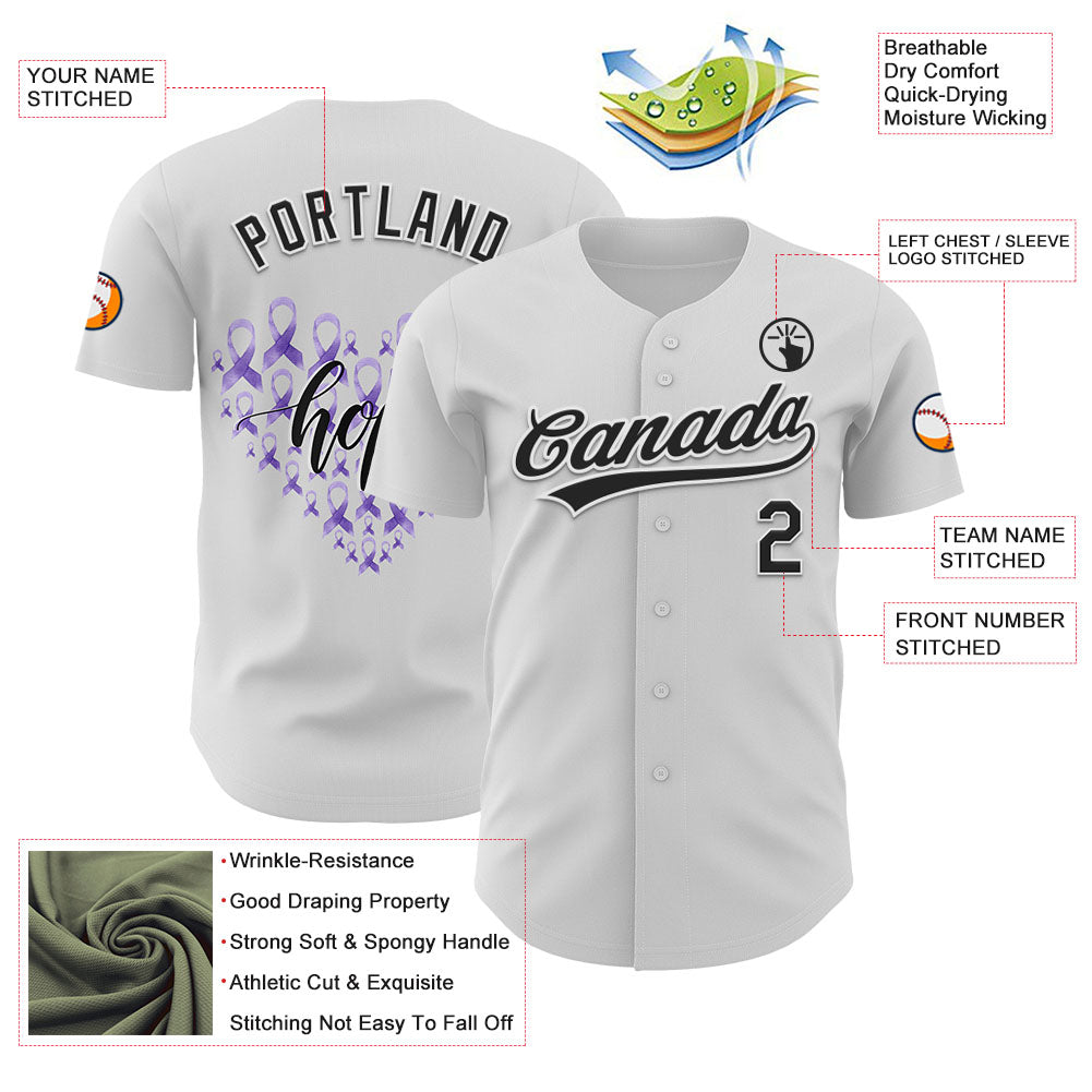 Custom White Black-Purple 3D Gastric Cancer Ribbon Authentic Baseball Jersey view 3
