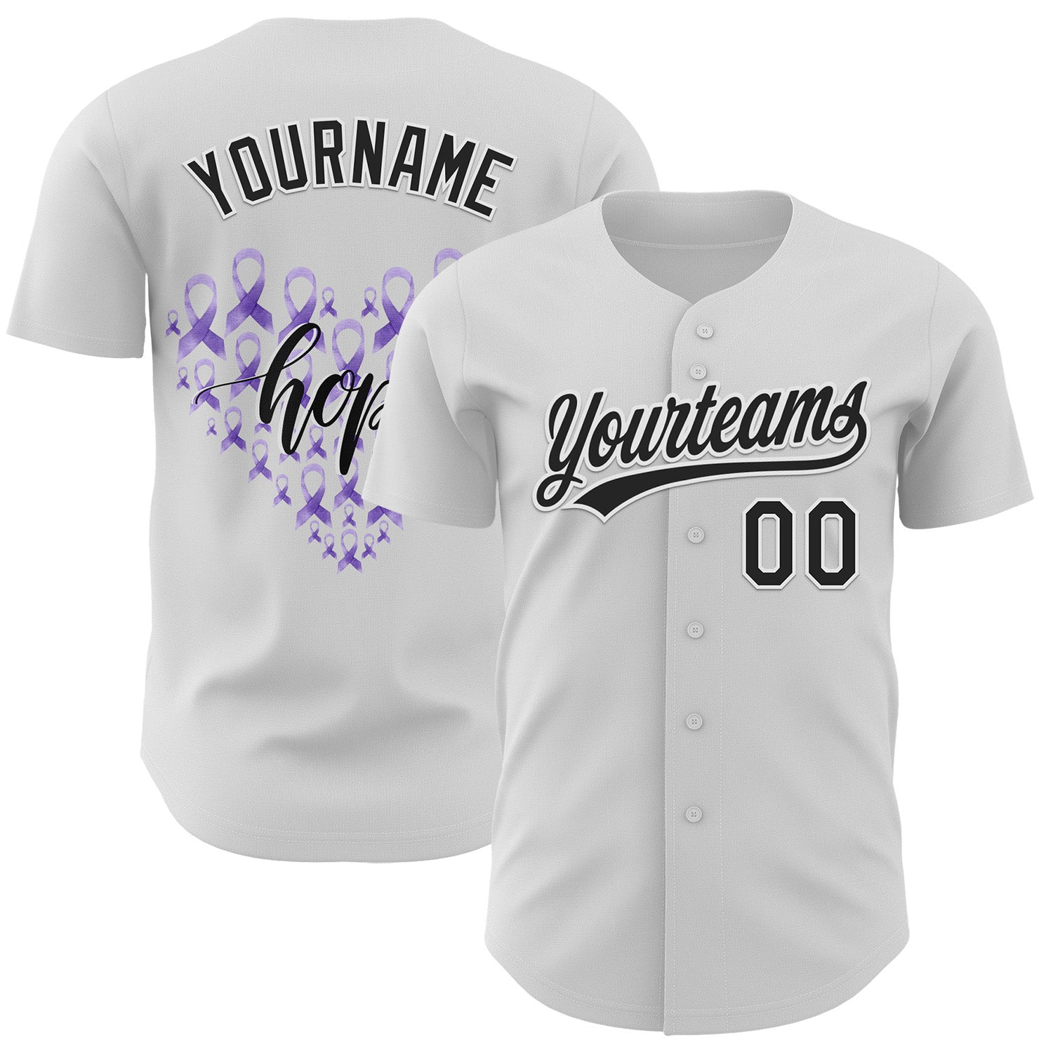 Custom White Black-Purple 3D Gastric Cancer Ribbon Authentic Baseball Jersey - Main View