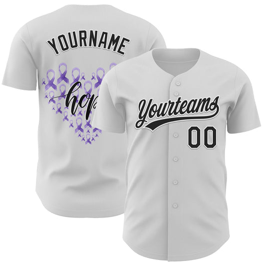 Custom White Black-Purple 3D Gastric Cancer Ribbon Authentic Baseball Jersey - Main View