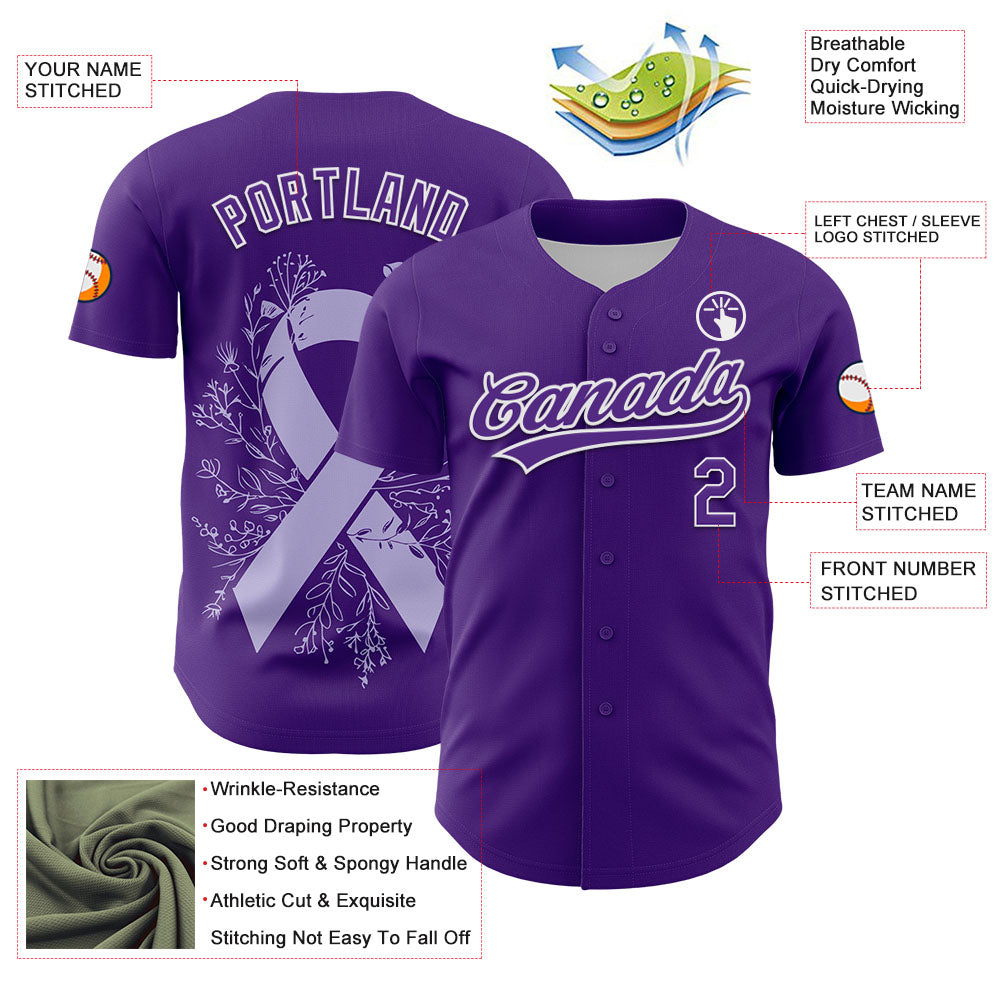 Custom Purple White 3D Gastric Cancer Ribbon Authentic Baseball Jersey view 3