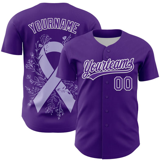 Custom Purple White 3D Gastric Cancer Ribbon Authentic Baseball Jersey - Main View