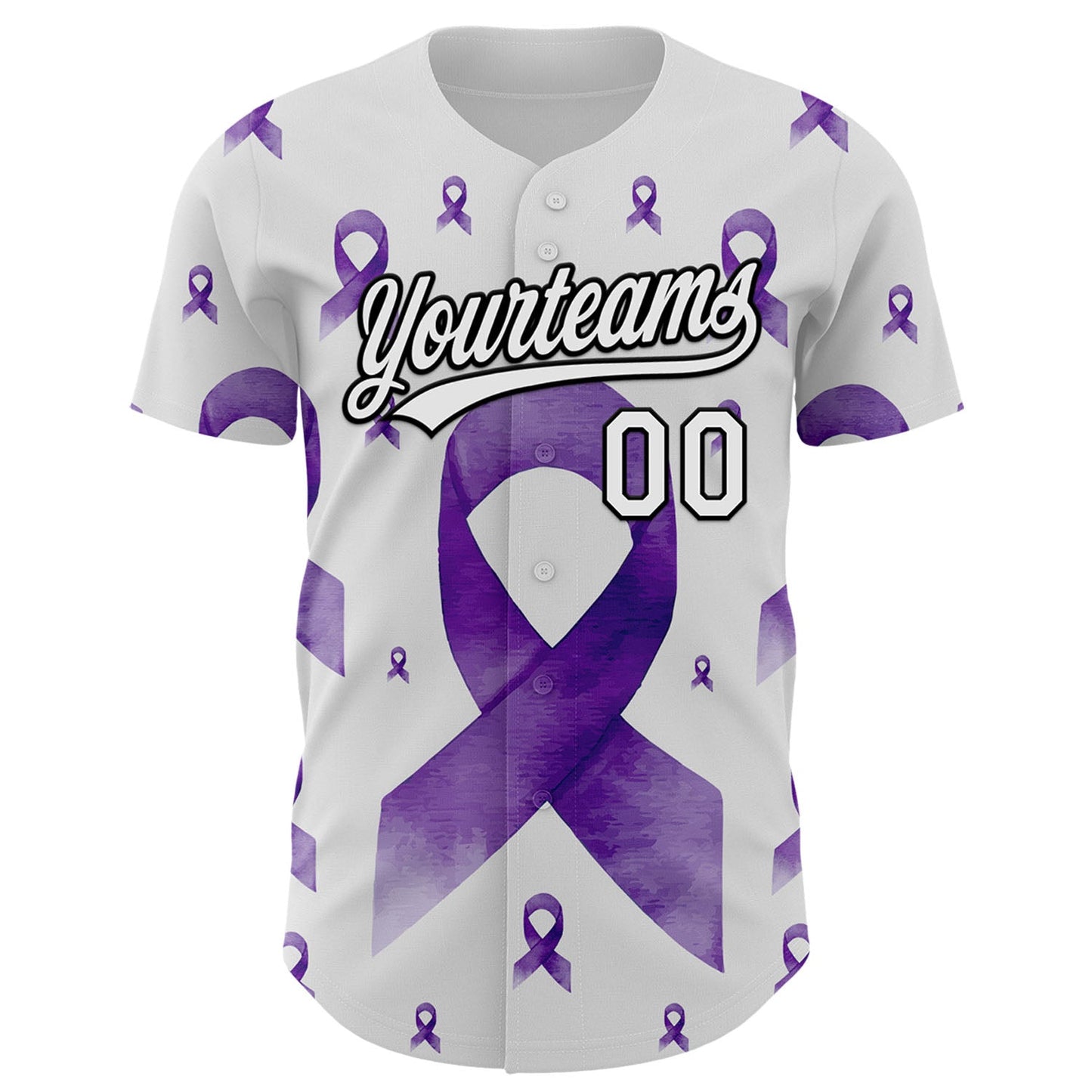 Custom White Purple-Black 3D Gynecological Cancer Ribbon Authentic Baseball Jersey view 2