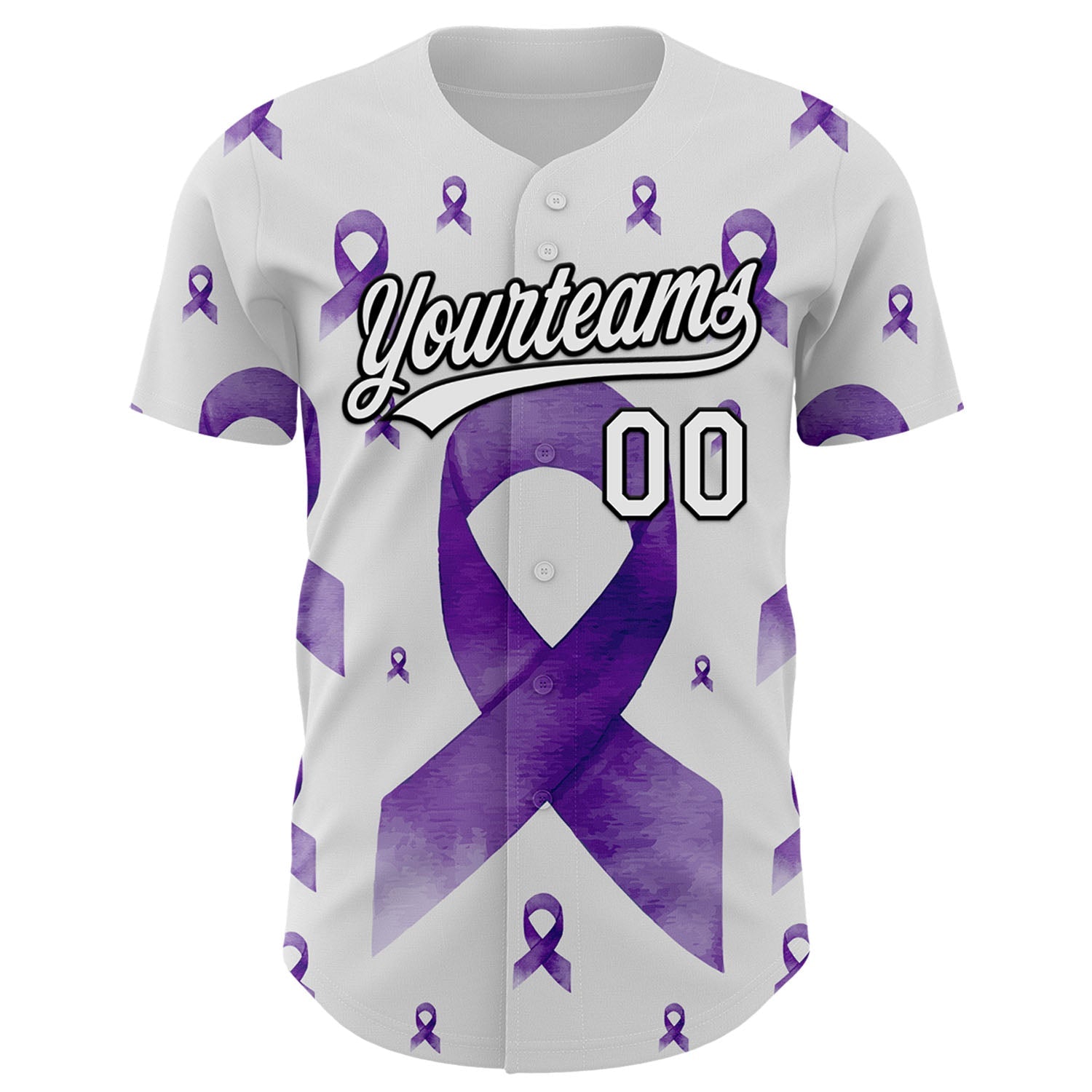 Custom White Purple-Black 3D Gynecological Cancer Ribbon Authentic Baseball Jersey view 2