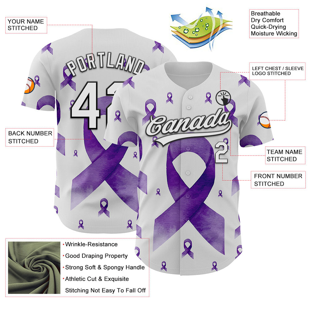 Custom White Purple-Black 3D Gynecological Cancer Ribbon Authentic Baseball Jersey view 3