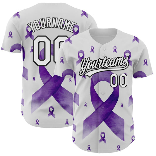 Custom White Purple-Black 3D Gynecological Cancer Ribbon Authentic Baseball Jersey - Main View