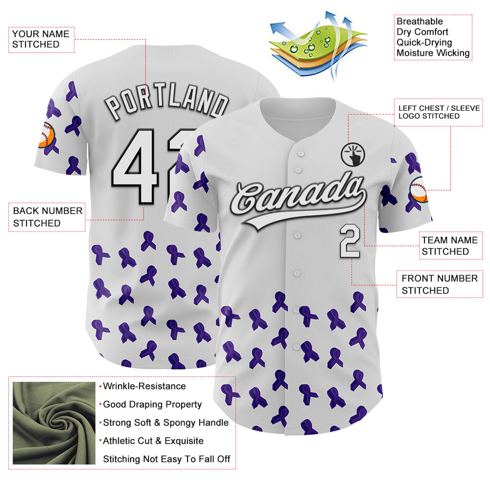 Custom White Purple-Black 3D Gynecological Cancer Ribbon Authentic Baseball Jersey view 3