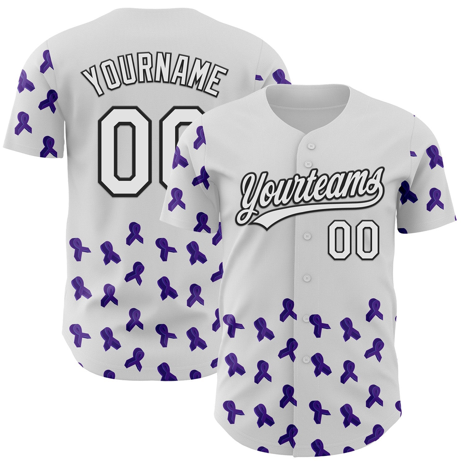 Custom White Purple-Black 3D Gynecological Cancer Ribbon Authentic Baseball Jersey - Main View