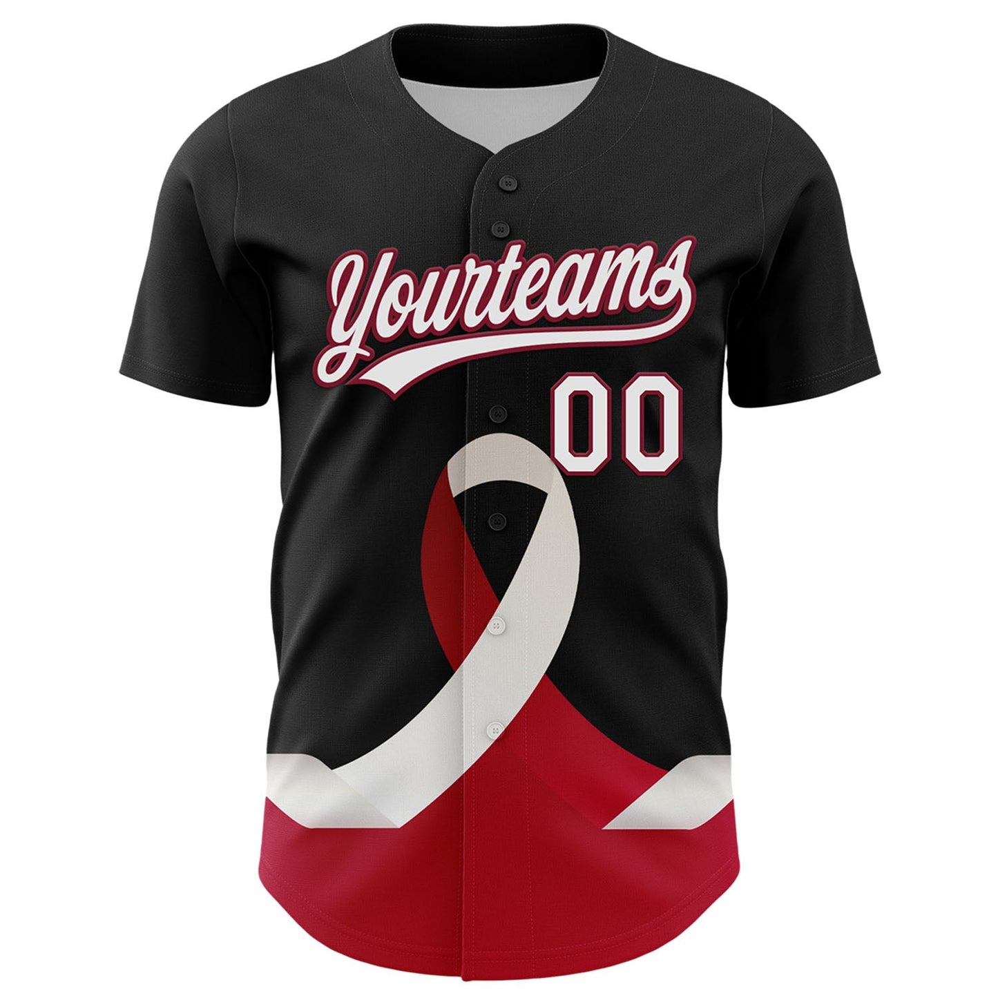 Custom Black White-Crimson 3D Head And Neck Cancer Ribbon Authentic Baseball Jersey view 2