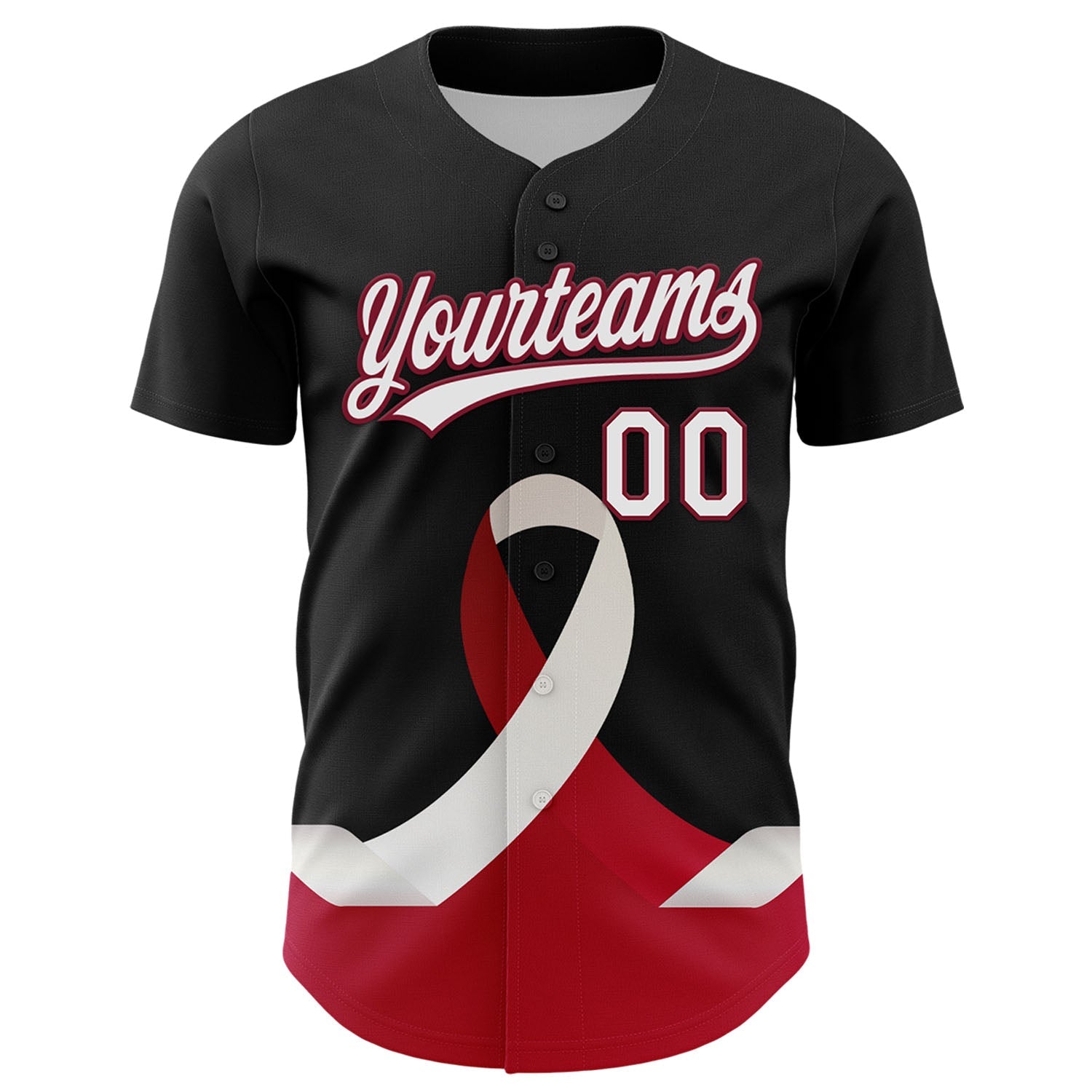 Custom Black White-Crimson 3D Head And Neck Cancer Ribbon Authentic Baseball Jersey view 2