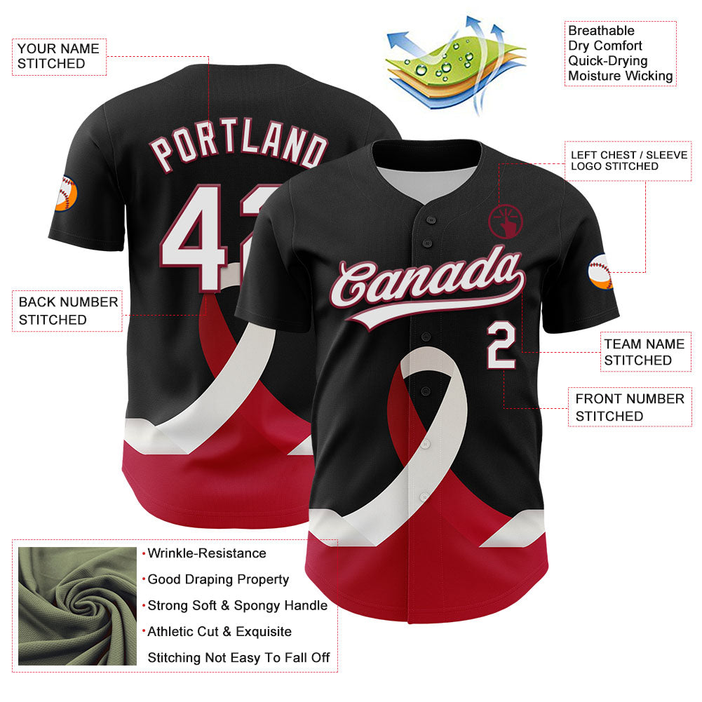 Custom Black White-Crimson 3D Head And Neck Cancer Ribbon Authentic Baseball Jersey view 3