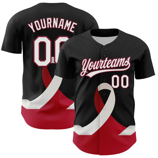Custom Black White-Crimson 3D Head And Neck Cancer Ribbon Authentic Baseball Jersey - Main View