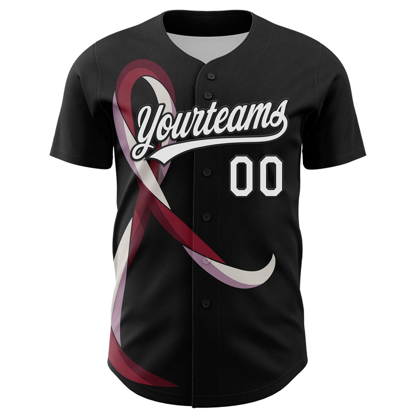 Custom Black White-Burgund 3D Head And Neck Cancer Ribbon Authentic Baseball Jersey view 2