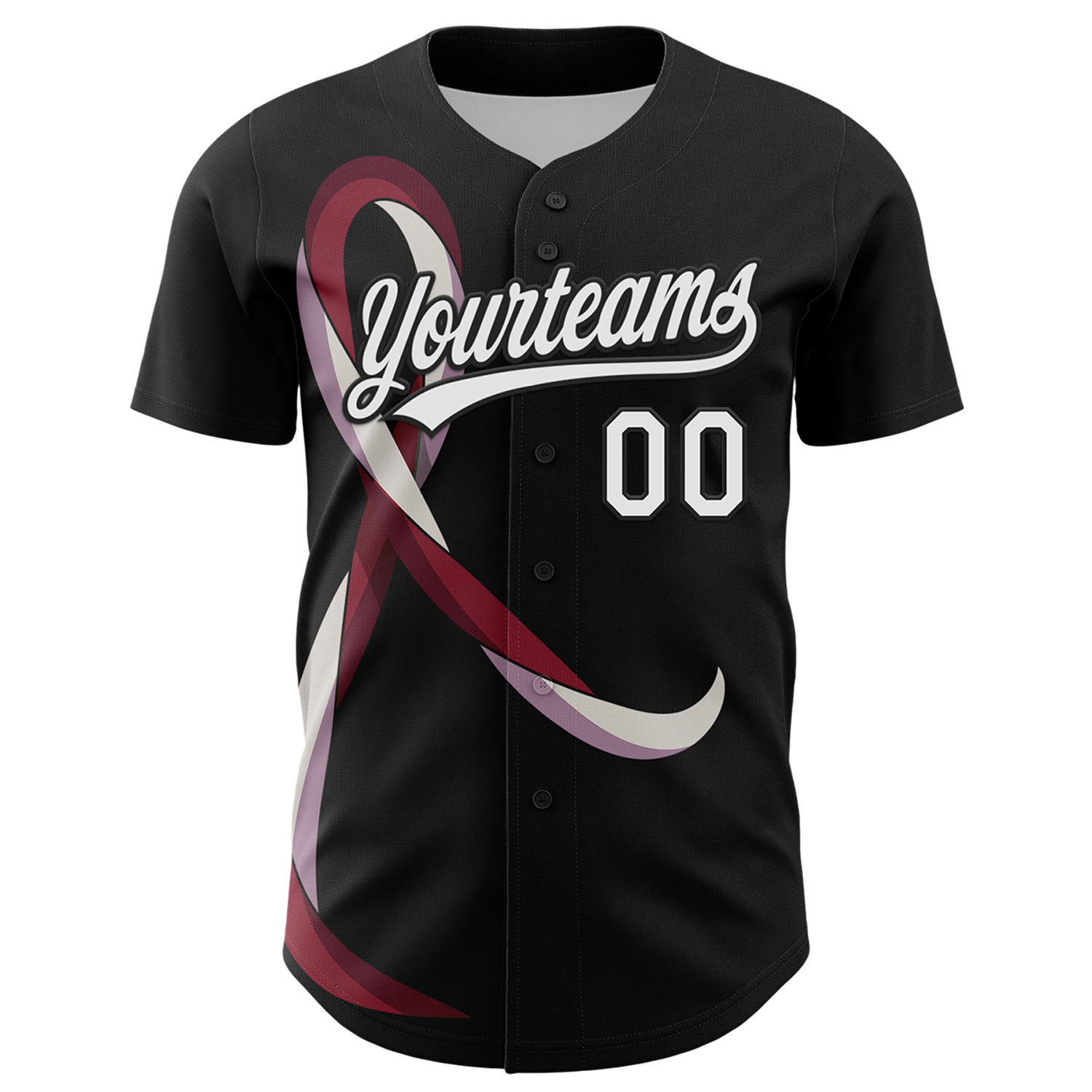 Custom Black White-Burgund 3D Head And Neck Cancer Ribbon Authentic Baseball Jersey view 2