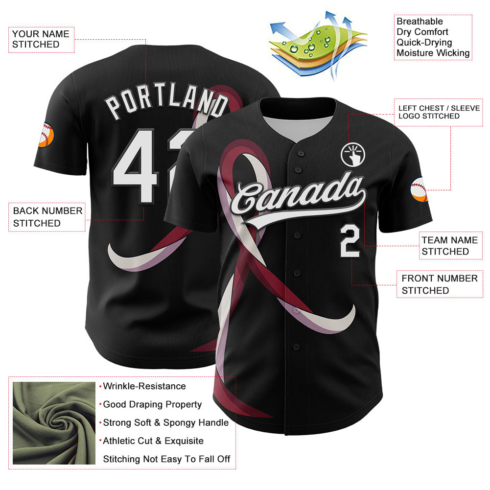 Custom Black White-Burgund 3D Head And Neck Cancer Ribbon Authentic Baseball Jersey view 3