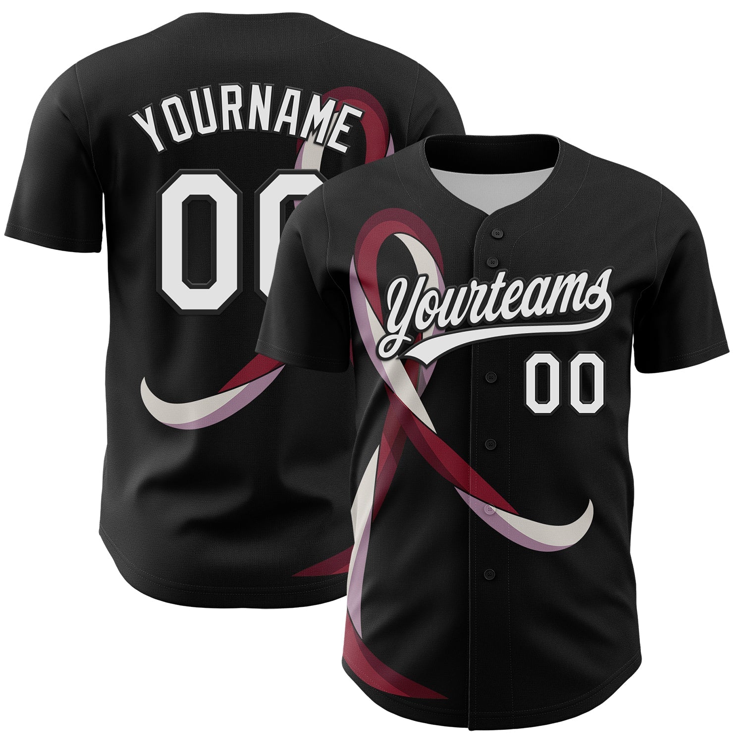 Custom Black White-Burgund 3D Head And Neck Cancer Ribbon Authentic Baseball Jersey - Main View