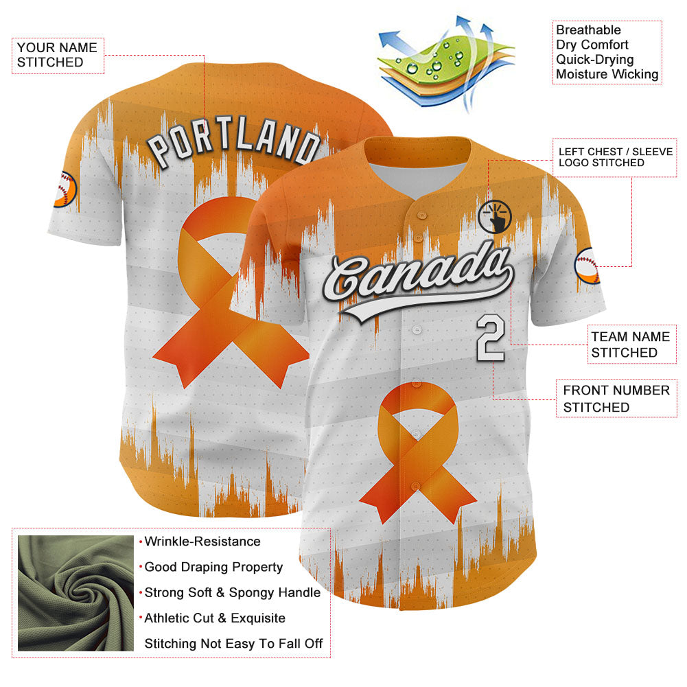 Custom White Orange-Black 3D Kidney Cancer Ribbon Authentic Baseball Jersey view 3