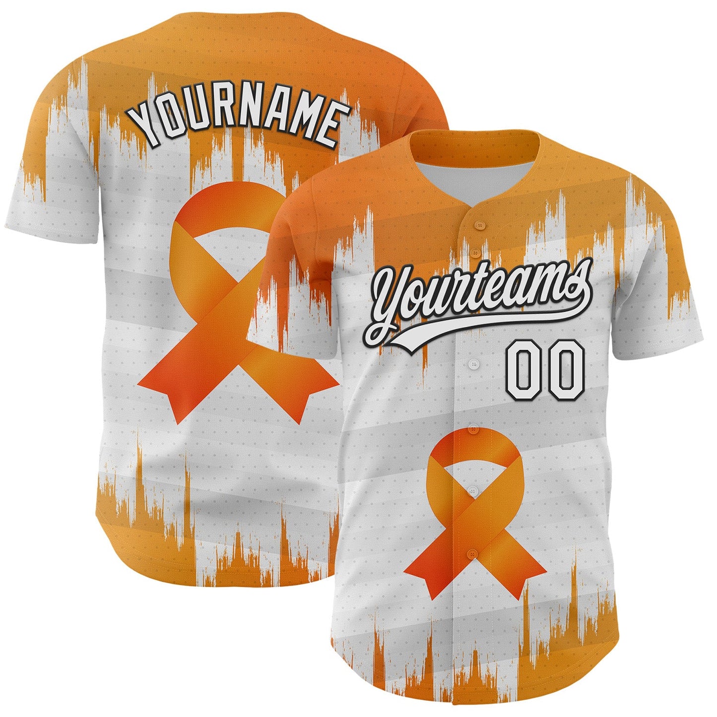 Custom White Orange-Black 3D Kidney Cancer Ribbon Authentic Baseball Jersey - Main View