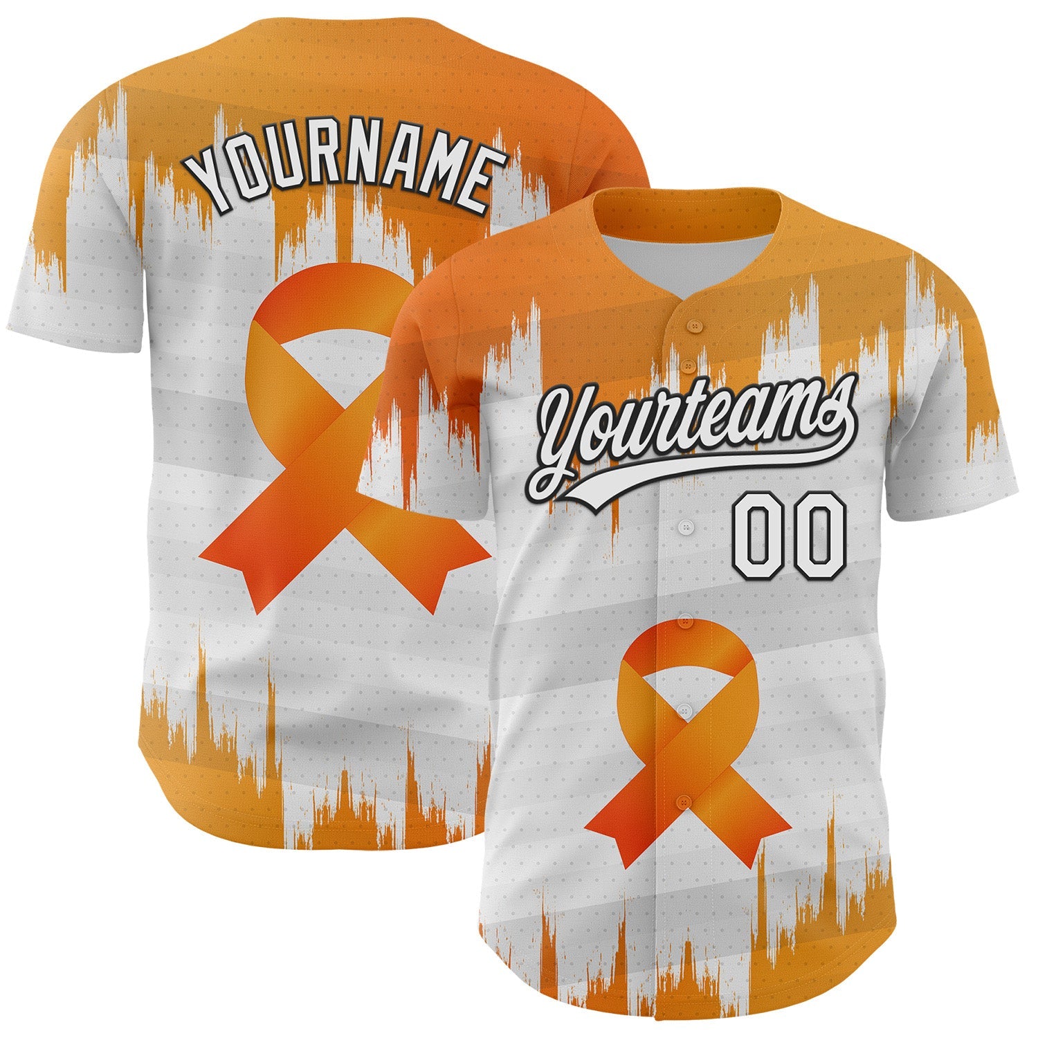 Custom White Orange-Black 3D Kidney Cancer Ribbon Authentic Baseball Jersey - Main View