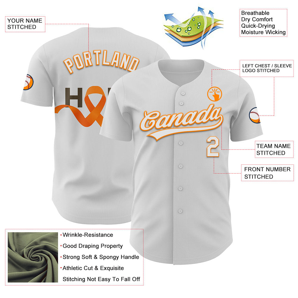 Custom White Bay Orange-Black 3D Kidney Cancer Ribbon Authentic Baseball Jersey view 3