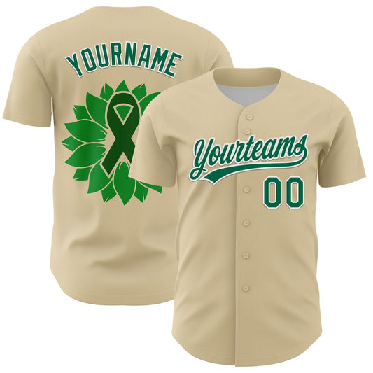 Custom Cream Kelly Green-White 3D Liver Cancer Ribbon Authentic Baseball Jersey - Main View