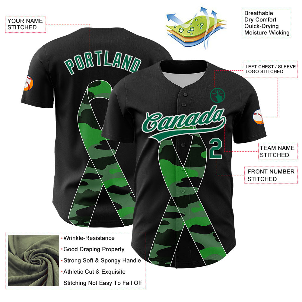 Custom Black Kelly Green-White 3D Liver Cancer Ribbon Authentic Baseball Jersey view 3
