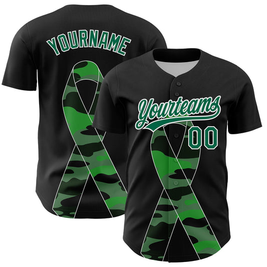 Custom Black Kelly Green-White 3D Liver Cancer Ribbon Authentic Baseball Jersey - Main View