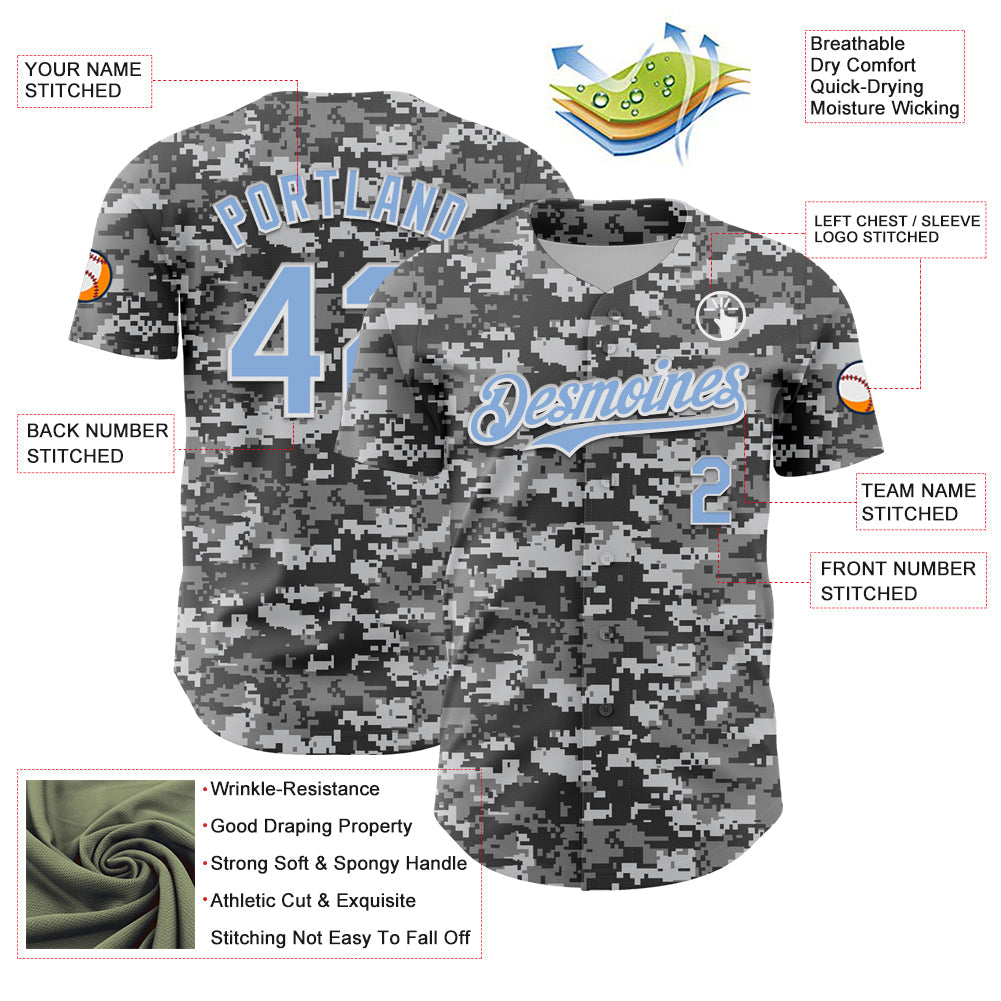 Custom Camo Light Blue-White 3D Authentic Salute To Service Baseball Jersey view 3