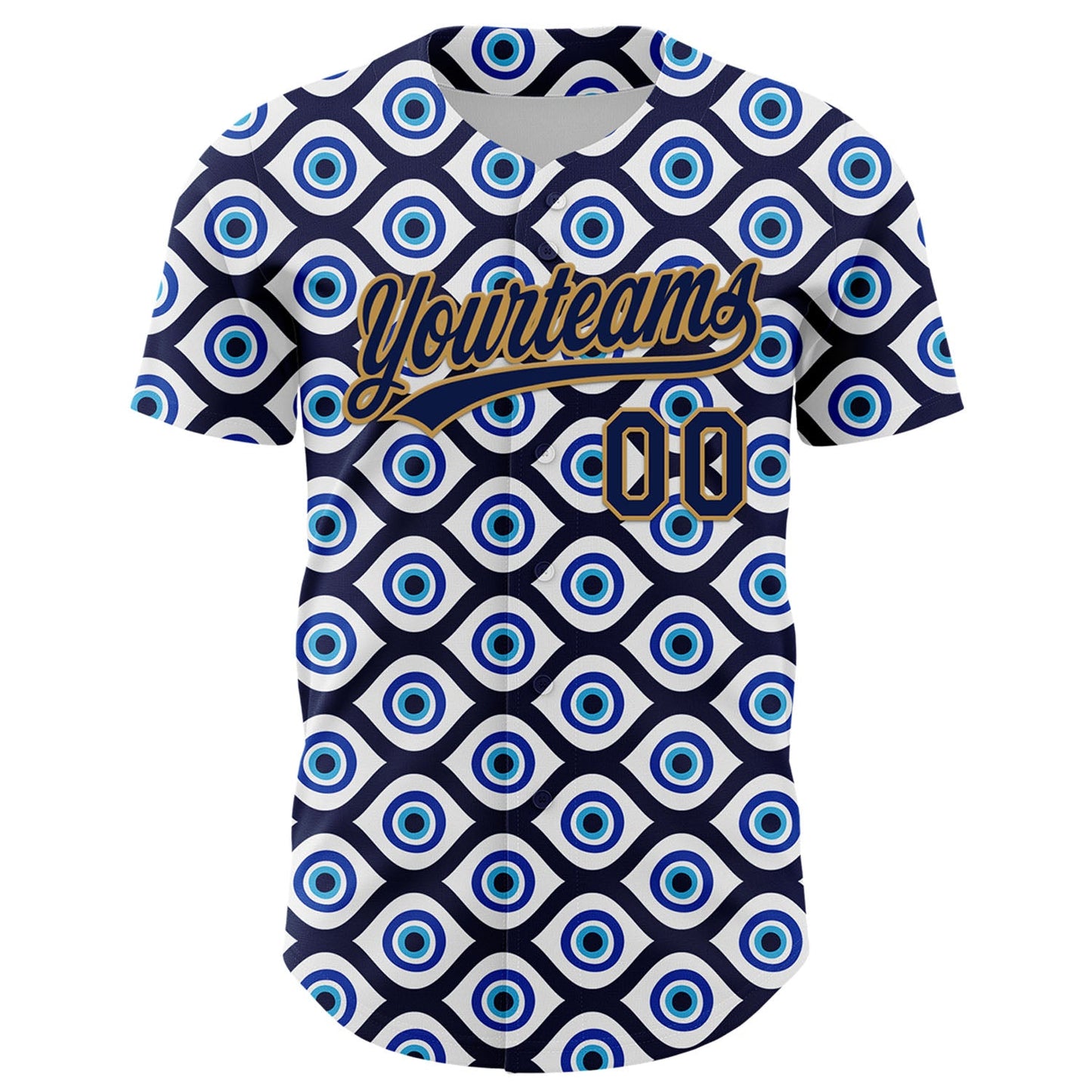 Custom White Navy-Old Gold 3D Pattern Design Evil Eyes Authentic Baseball Jersey view 2