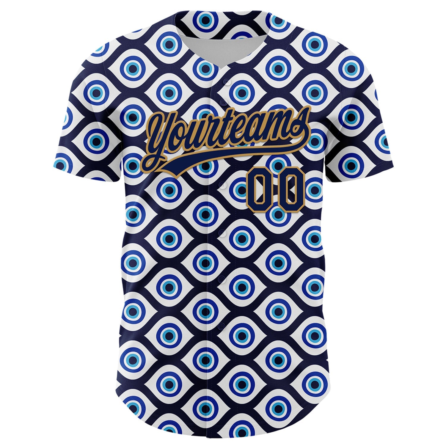 Custom White Navy-Old Gold 3D Pattern Design Evil Eyes Authentic Baseball Jersey view 2