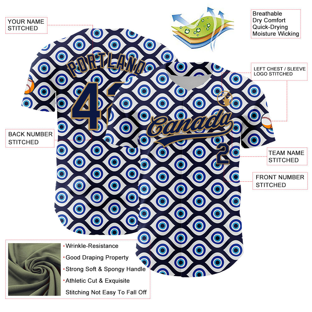 Custom White Navy-Old Gold 3D Pattern Design Evil Eyes Authentic Baseball Jersey view 3
