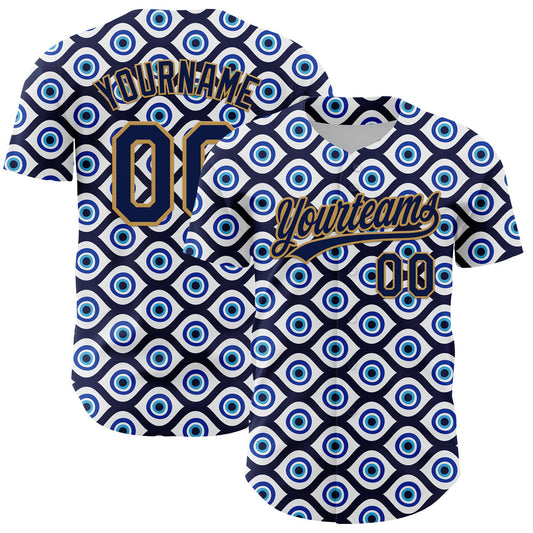 Custom White Navy-Old Gold 3D Pattern Design Evil Eyes Authentic Baseball Jersey - Main View