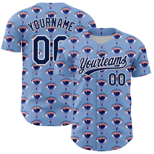 Custom Light Blue Navy-White 3D Pattern Design Evil Eyes Authentic Baseball Jersey - Main View
