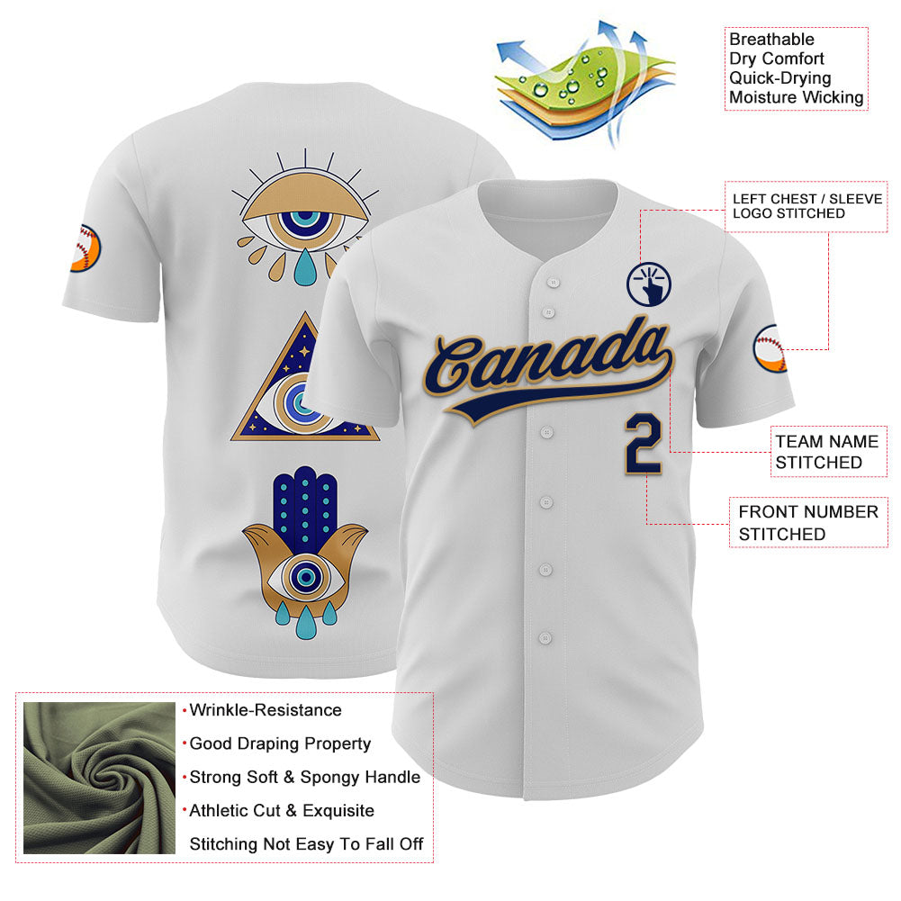 Custom White Navy-Old Gold 3D Pattern Design Evil Eyes Authentic Baseball Jersey view 3